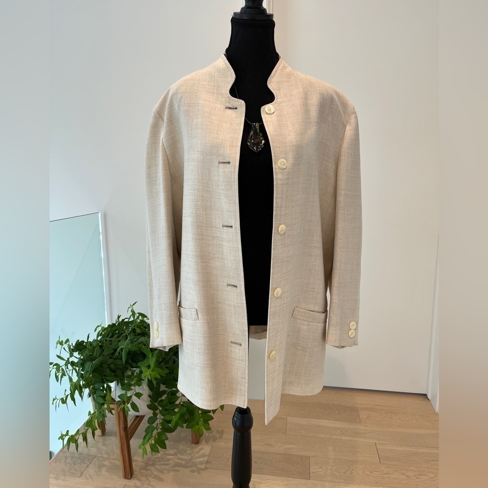 JAEGER Vintage Cream Linen Blend Lined Long Jacket Neutral Coastal Classic Chic